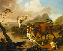 Hunde greifen einen Stier an, c.1650/99 von Abraham Hondius | Giclée Leinwand-Kunstdruck