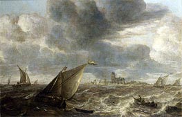 A River Landscape with Fishing Boats in a Strong Breeze Before a Town, Probably Dordrecht | Abraham Beyeren | Painting Reproduction