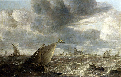 Flusslandschaft mit Fischereinbooten bei starkem Wind vor einer Stadt, wahrscheinlich Dordrecht, n.d. | Abraham Beyeren