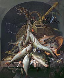 A Still Life of Fish and Fishing Tackle, n.d. von Abraham Mignon | Leinwand Kunstdruck