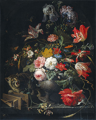 Stillleben mit Blumen, Katze und Mausefalle, c.1670/80 | Abraham Mignon