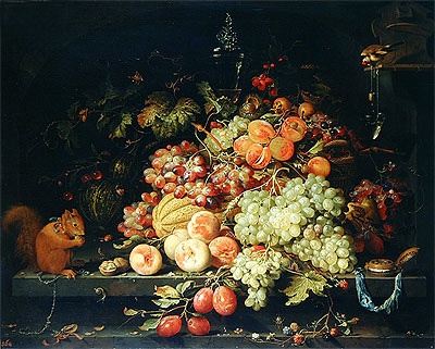 Stillleben mit Früchten, Eichhörnchen und Stieglitz, n.d. | Abraham Mignon