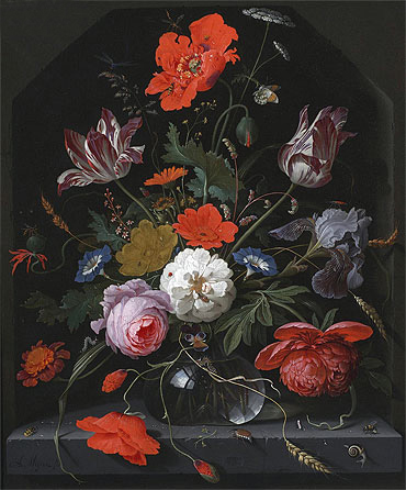 Abraham Mignon | Flowers in a Glass Vase on a Ledge, c.1665/70 | Giclée Canvas Print
