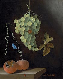 Still Life with a Hanging Bunch of Grapes, Two Medlars, and a Butterfly, 1687 von Adriaen Coorte | Leinwand Kunstdruck
