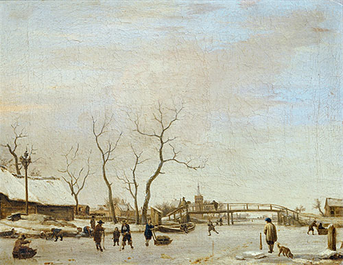 Adriaen van de Velde | Frozen Canal with Skaters and Hockey Players, 1668 | Giclée Canvas Print