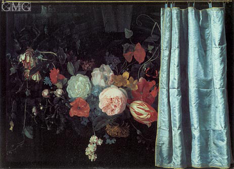 Adrian van der Spelt | Still Life with Flowers and Curtain, 1658 | Giclée Canvas Print