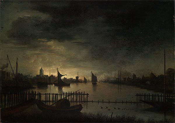 Mondlichtlandschaft mit einer Stadt am breiten Kanal, n.d. von Aert van der Neer | Giclée Leinwand-Kunstdruck