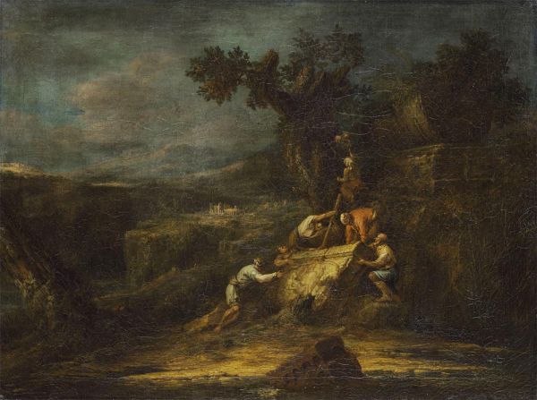 Landschaft mit Aufrichtung eines antiken Grabmals, 1716 | Christoph Ludwig Agricola | Giclée Leinwand Kunstdruck