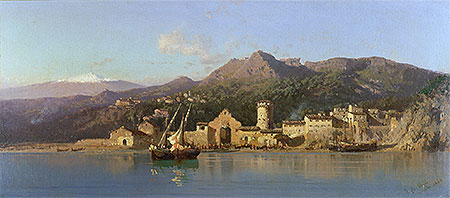 Alessandro la Volpe | View of Taormina, Sicily, Mount Etna in the Background, 1868 | Giclée Leinwand Kunstdruck