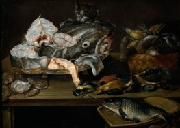 Still Life with Fishes, Seafood, Poultry and a Cat, c.1587/1661 by Alexander Adriaenssen | Canvas Print