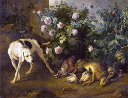 Hund Bewachung Spiel in der Nähe eines Rosenbusch, 1724 von Alexandre-François Desportes | Leinwand Kunstdruck