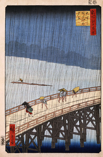 Plötzlicher Regenschauer über ..., 1857 von Ando Hiroshige | Papier-Kunstdruck