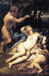 Venus, Satyr und schlafender Amor, c.1524/25 von Correggio | Leinwand Kunstdruck