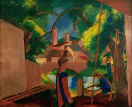 Children by the Fountain with Town in the Background, 1914 by August Macke | Canvas Print