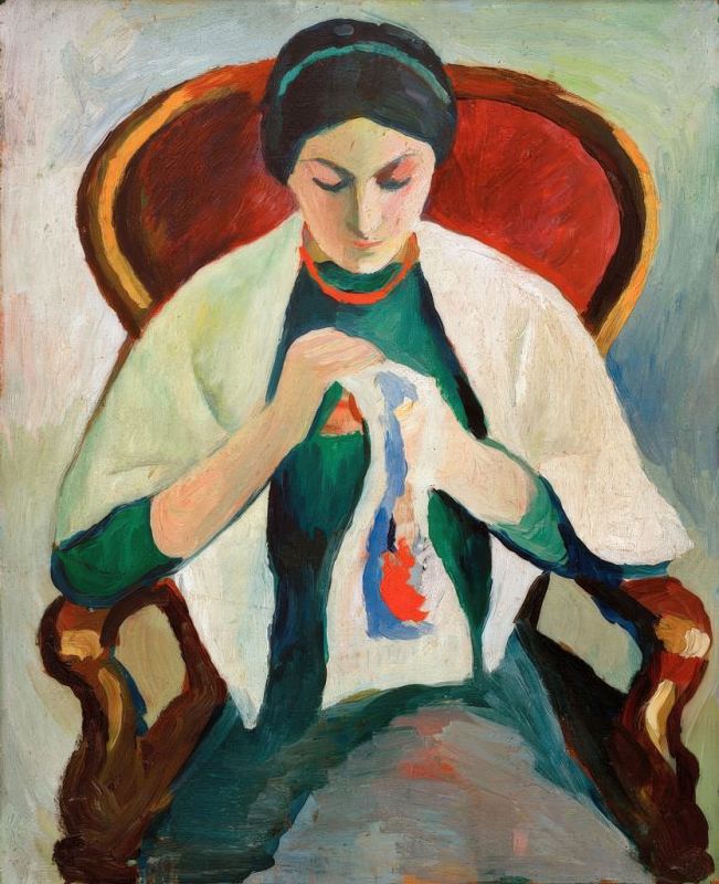 Stickende Frau im Sessel, 1909 | August Macke | Giclée Leinwand-Kunstdruck