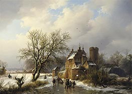 Skaters on the Ice in a Wooded Landscape | Barend Cornelius Koekkoek | Painting Reproduction