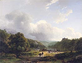 Entladen des Lastkahns in einer hügeligen Landschaft | Barend Cornelius Koekkoek | Gemälde Reproduktion