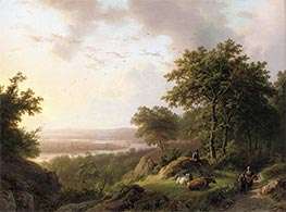 Sonnenuntergang über einer rheinischen Landschaft mit Reisenden auf einem Waldweg | Barend Cornelius Koekkoek | Gemälde Reproduktion