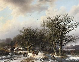 Dorfbewohner auf einem bewaldeten Weg in der Nähe eines schneebedeckten Dorfes | Barend Cornelius Koekkoek | Gemälde Reproduktion