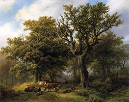 A Herdsman and His Cattle Resting Under an Oak Tree, a Ruin in the Distance, 1850 by Barend Cornelius Koekkoek | Art Print