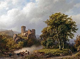 Barend Cornelius Koekkoek | Figures and Cattle on a Path in a Wooded Landscape with a Castle Ruin Beyond | Giclée Canvas Print
