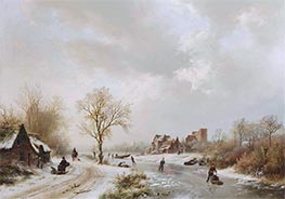 Winterlandschaft mit Figuren auf einem Weg und Schlittschuhläufern auf einem zugefrorenen Wasserweg, 1838 von Barend Cornelius Koekkoek | Leinwand Kunstdruck