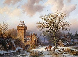 Barend Cornelius Koekkoek | A Winter Landscape with Figures Conversing on a Snowy Path and Skaters on a Frozen Canal at the Entrance of a Fortified Tower, 1856 | Giclée Canvas Print
