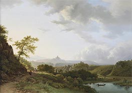 Panoramische Sommerlandschaft mit Reisenden und einer Burgruine in der Ferne, 1835 von Barend Cornelius Koekkoek | Leinwand Kunstdruck