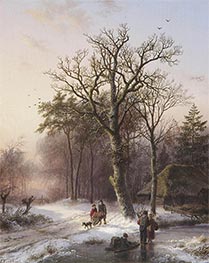 Winterlandschaft mit Figuren auf einem Weg und Figuren mit einem Schlitten auf dem Eis, 1842 von Barend Cornelius Koekkoek | Leinwand Kunstdruck