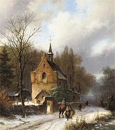 Winterlandschaft mit einer Kapelle, einem Reiter und Reisenden auf einem Pfad, 1851 von Barend Cornelius Koekkoek | Leinwand Kunstdruck