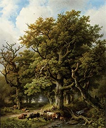 Bewaldete Landschaft mit einem Hirten und seinem Vieh, der unter einer Eiche ruht, 1855 von Barend Cornelius Koekkoek | Leinwand Kunstdruck