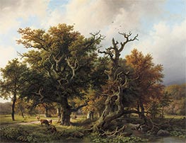 A Wooded Landscape with an Angler and Cattle Grazing | Barend Cornelius Koekkoek | Painting Reproduction