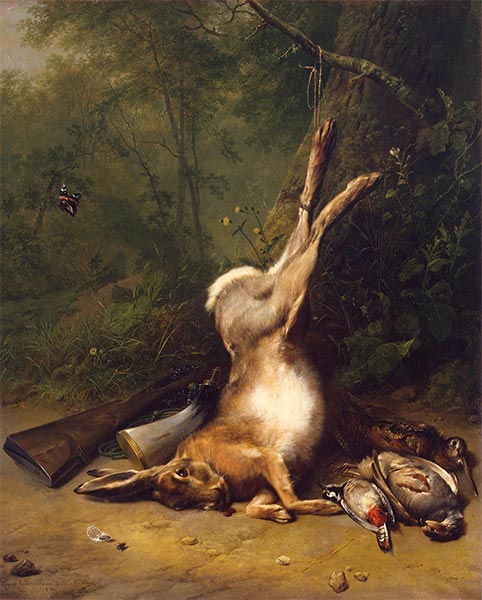 Stilleben mit Hasen, 1844 | Barend Cornelius Koekkoek | Giclée Leinwand Kunstdruck