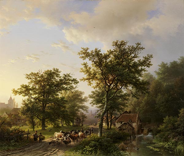 Landschaft mit Wassermühle und Viehzüchtern, 1852 | Barend Cornelius Koekkoek | Giclée Leinwand Kunstdruck