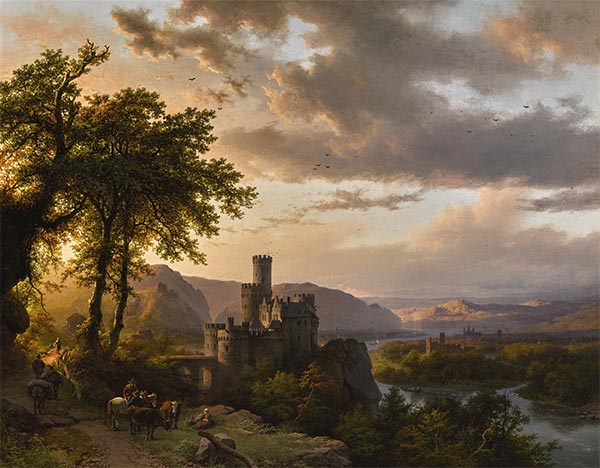 A Hilly Landscape with Castle and Travelers on a Path, 1855 | Barend Cornelius Koekkoek