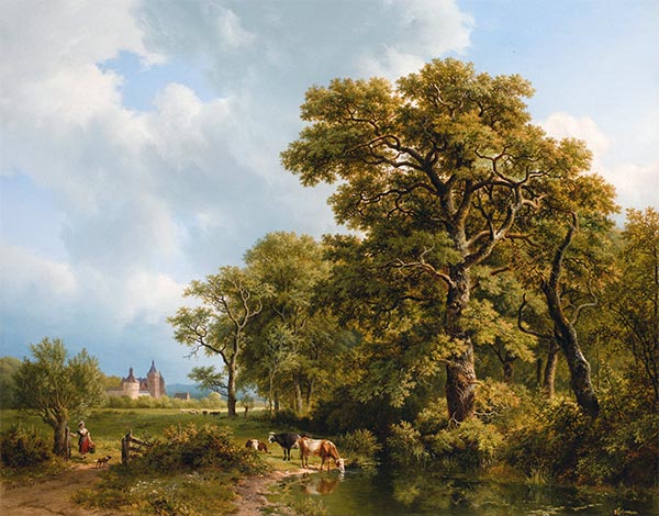 Eine Sommerlandschaft mit tränkenden Kühen, in der Ferne ein Schloss, 1836 | Barend Cornelius Koekkoek | Giclée Leinwand Kunstdruck