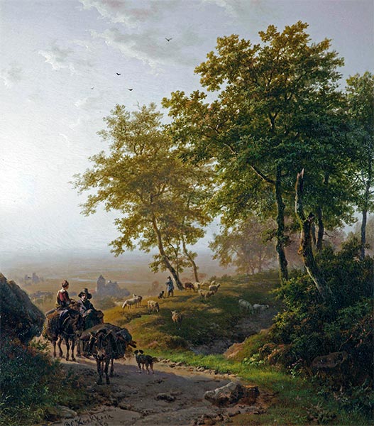 Barend Cornelius Koekkoek | Sommerlandschaft mit Reisenden und einem Hirten mit seiner Herde, 1850 | Giclée Leinwand Kunstdruck