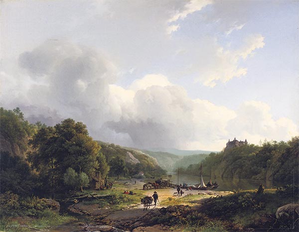 Entladen des Lastkahns in einer hügeligen Landschaft, 1831 | Barend Cornelius Koekkoek | Giclée Leinwand Kunstdruck
