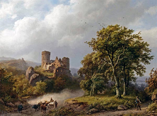 Figures and Cattle on a Path in a Wooded Landscape with a Castle Ruin Beyond, 1857 | Barend Cornelius Koekkoek | Giclée Canvas Print