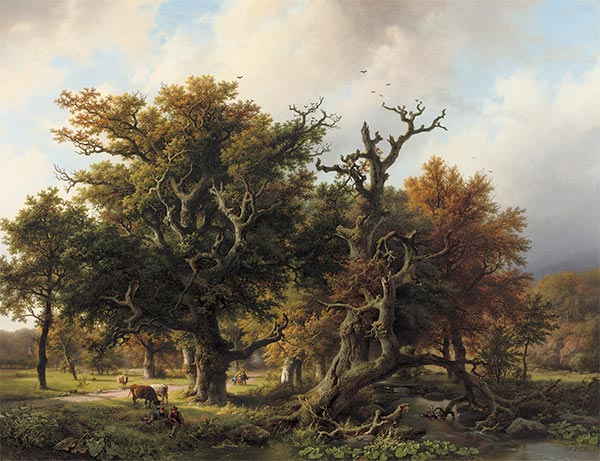 Barend Cornelius Koekkoek | A Wooded Landscape with an Angler and Cattle Grazing, 1855 | Giclée Canvas Print