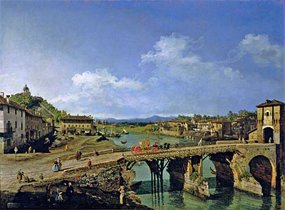 Blick auf eine alte Brücke über den Fluss Po, Turin, 1745 | Bernardo Bellotto