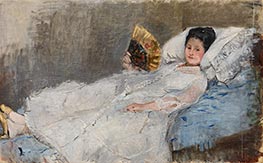 Frau mit Fan. Porträt von Madame Marie Hubbard, 1874 von Berthe Morisot | Leinwand Kunstdruck