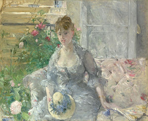 Junge Frau sitzt auf Sofa, c.1879 | Berthe Morisot | Giclée Leinwand Kunstdruck