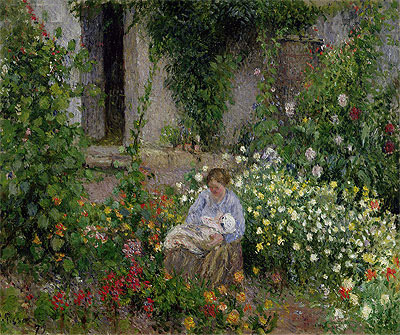Mother and Child in the Flowers, 1879 | Pissarro | Giclée Canvas Print