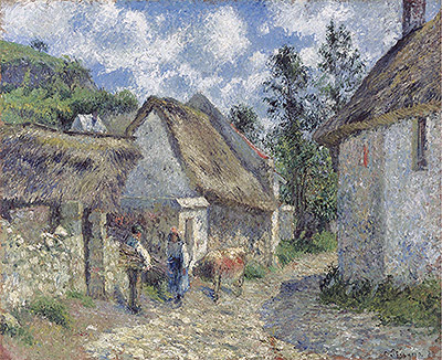 Rue des Roches in Valhermeil in Auvers-sur-Oise, Cottages and Cow, 1880 | Pissarro | Giclée Canvas Print