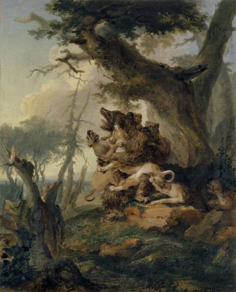 Bär, von einer Hundemeute angefallen, 1772 | Caspar Wolf | Giclée Leinwand Kunstdruck
