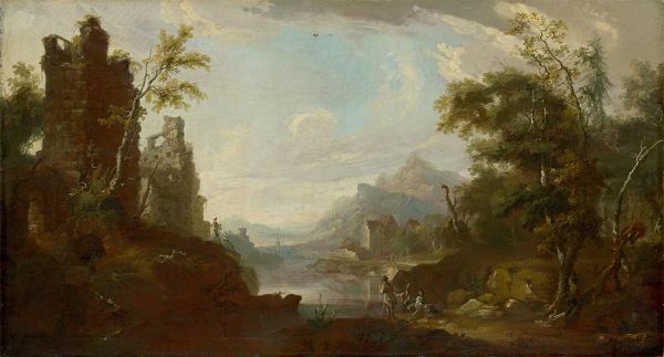 Caspar Wolf | Burgruine an einem See mit Fischern, c.1765/68 | Giclée Leinwand Kunstdruck