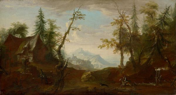 Bauernhaus an einer Waldlichtung mit Reitern, c.1765/68 | Caspar Wolf | Giclée Leinwand Kunstdruck