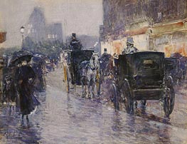 Horse Drawn Cabs at Evening, New York | Hassam | Painting Reproduction