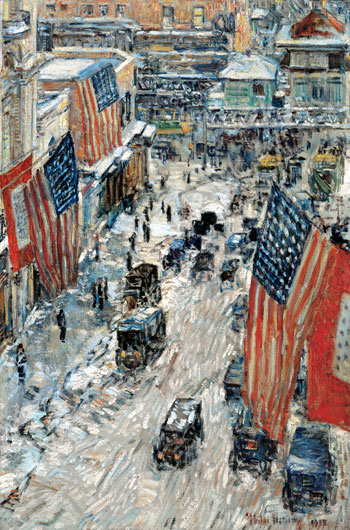 Flags on Fifty-seventh Street, The Winter of 1918, 1918 | Hassam | Giclée Canvas Print